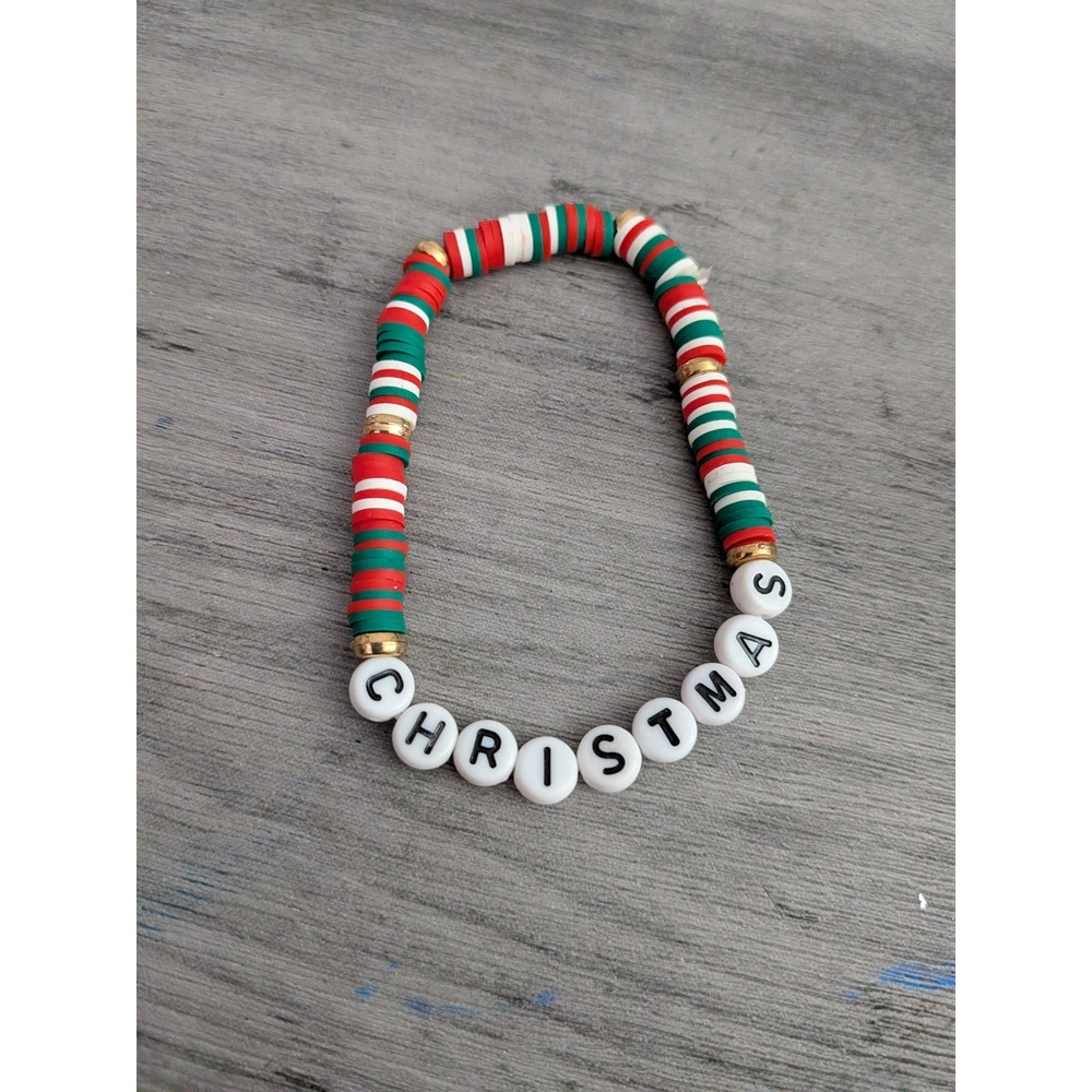 Christmas Heishi Bead Bracelet Red Green White Holiday Stretch Jewelry Handmade